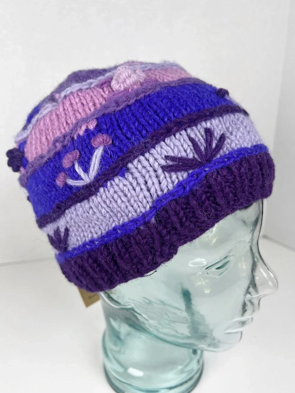 Handmade in Nepal Purple Pink Blue Floral 100% Wool Knit Beanie Hat